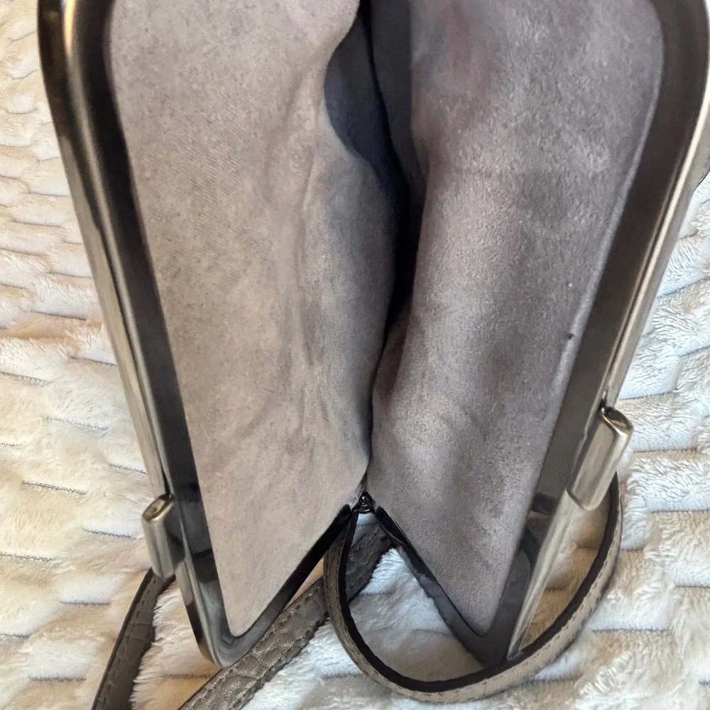 Vince Camuto Taupe Pebbled Leather Crossbody Flap Bag Gunmetal Frame